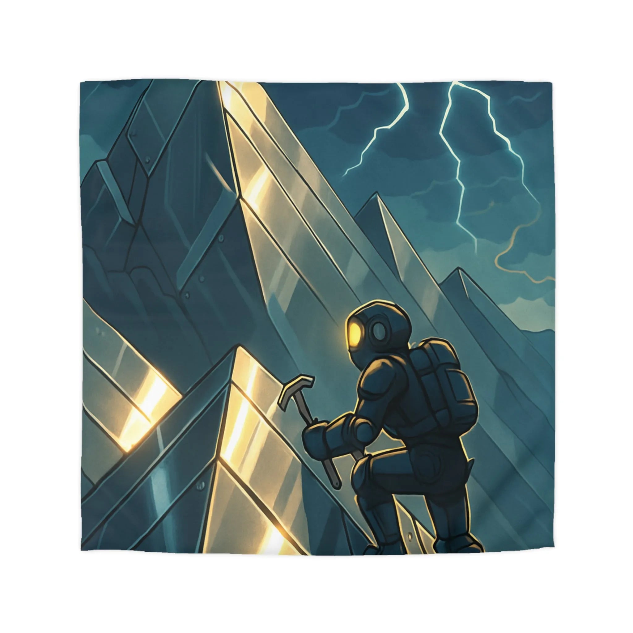 Housse de couette futuriste avec alpiniste et montagnes sous orage électrique