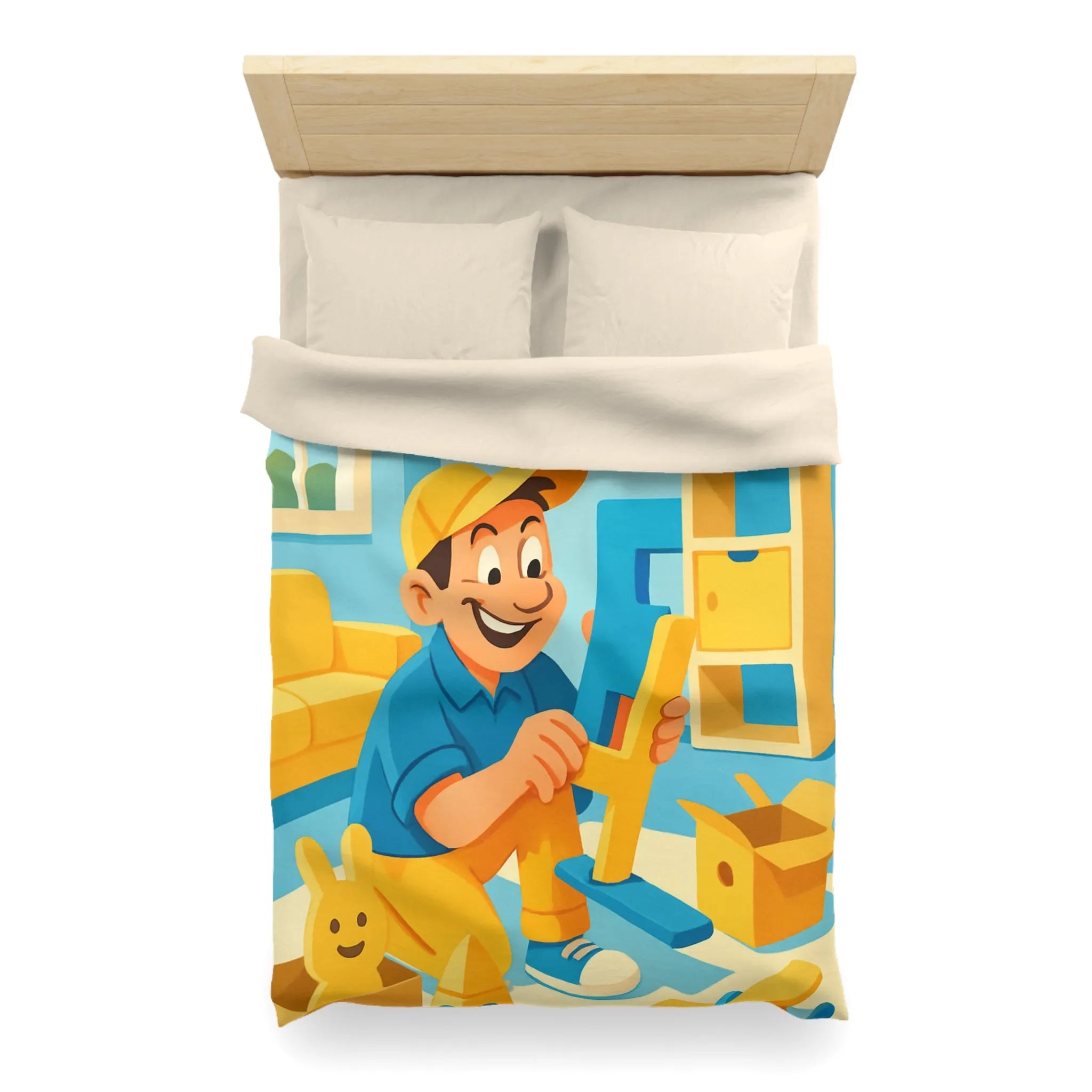 Housse de couette colorée avec personnage joyeux assemblant des jouets dans une pièce ensoleillée