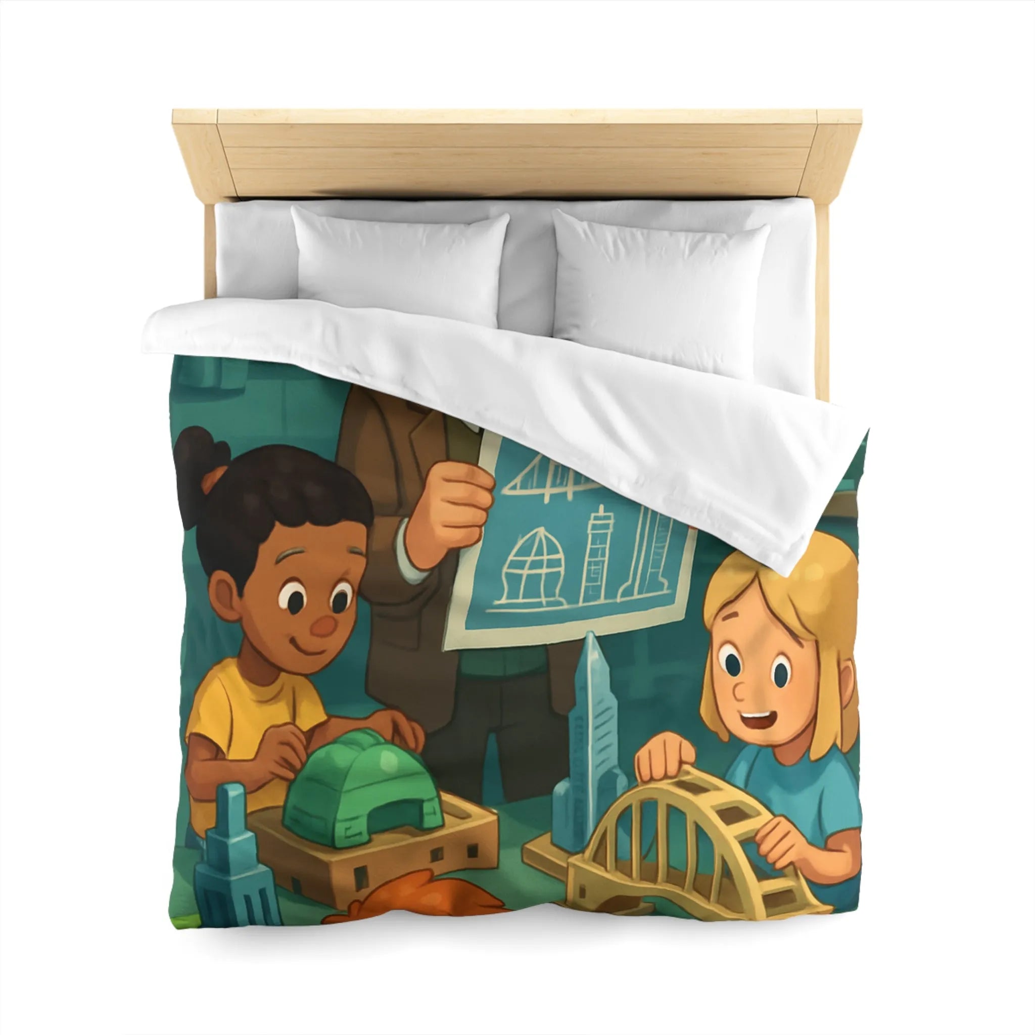 Housse de Couette Enfants Illustrant Un Atelier de Construction Ludique et Éducatif