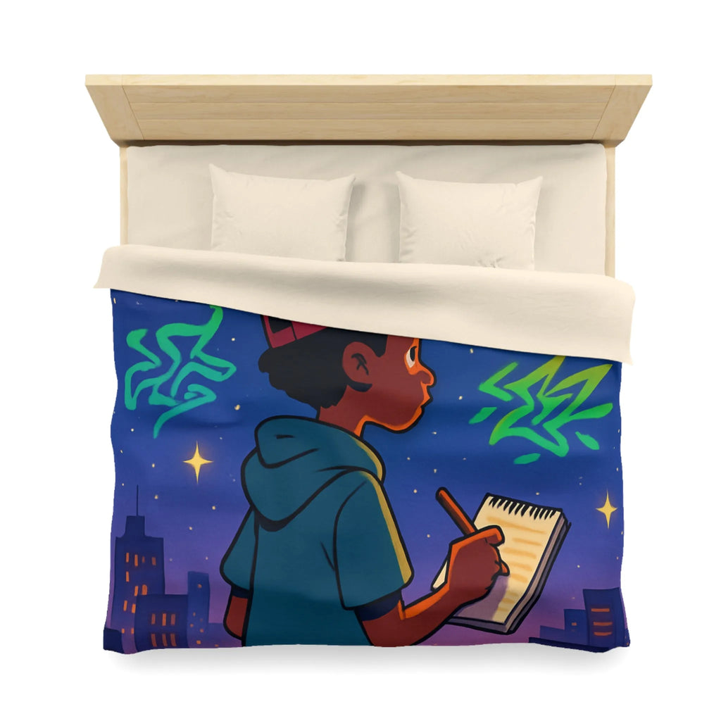 Housse de couette avec jeune artiste dessinant sous un ciel étoilé urbain coloré