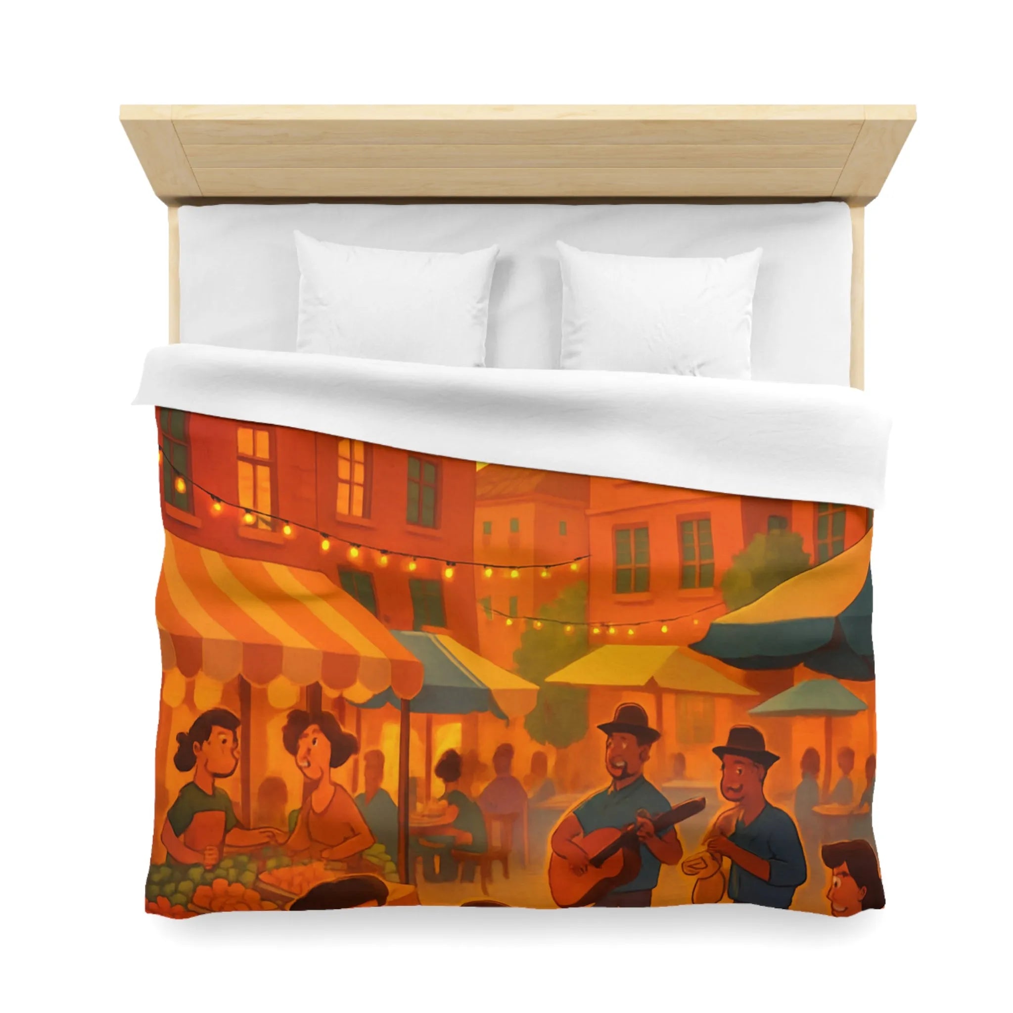 Housse de couette avec illustration de marché animé au coucher de soleil vibrant