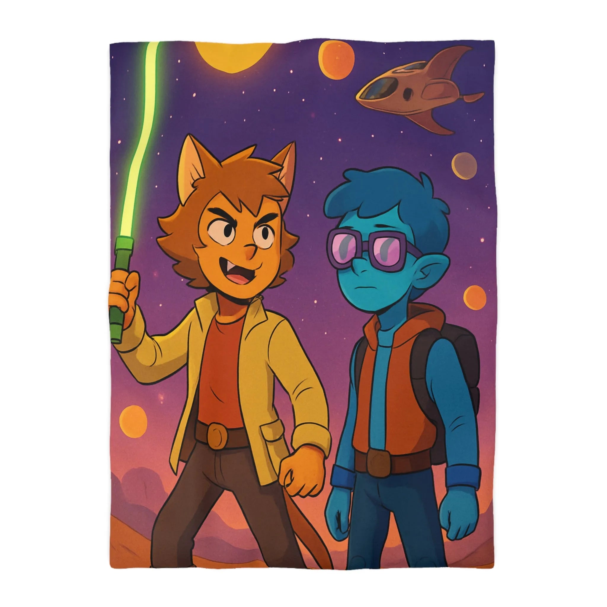 Housse de couette avec deux personnages dans l'espace, ambiance rétro futuriste colorée