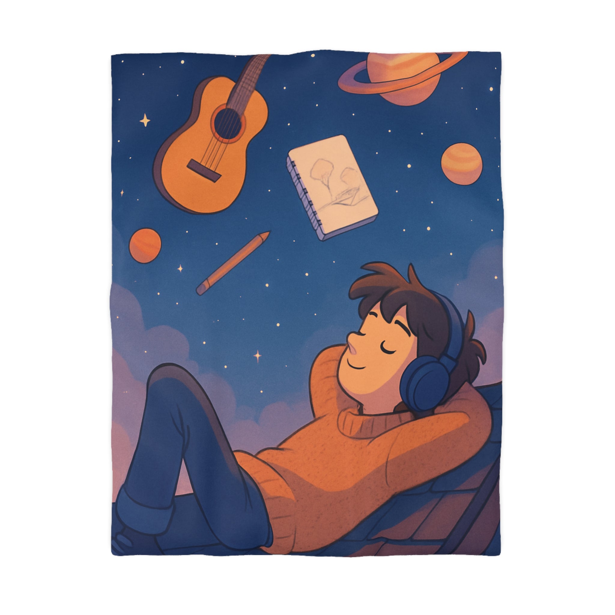 Housse de couette rêve étoilé avec guitare, planètes et rêverie d'artiste