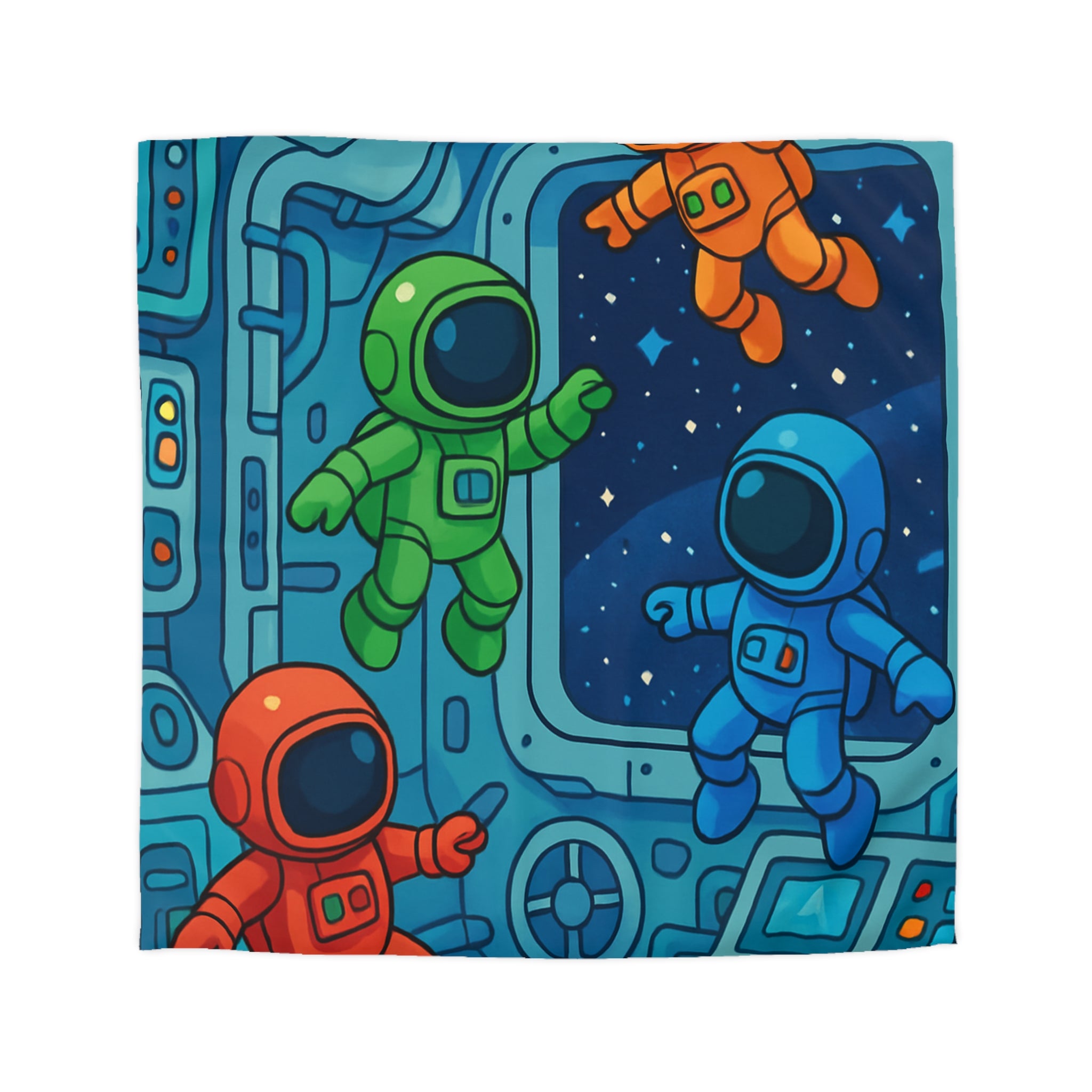 Quatre Astronautes Colorés Flottant Joyeusement Dans Une Station Spatiale Avec Vue Sur Étoiles