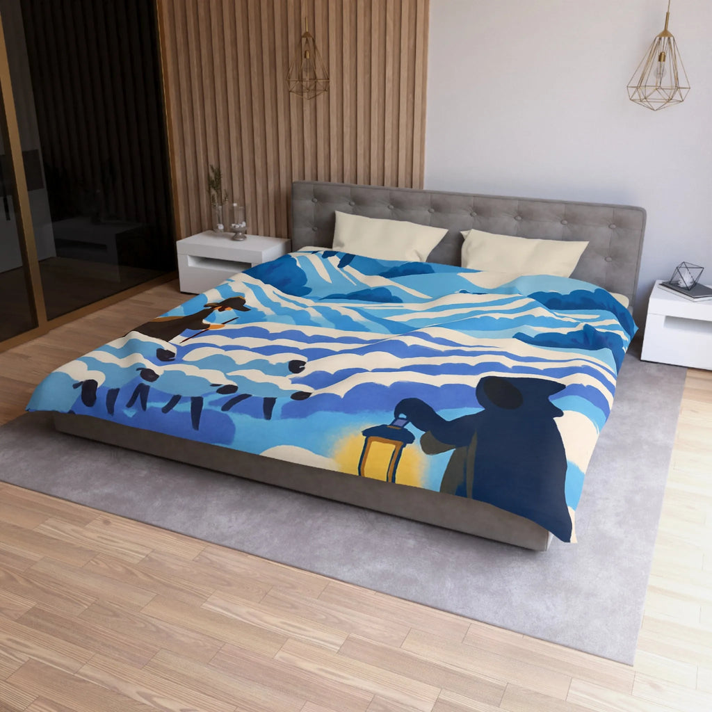 Housse de couette champêtre avec berger, moutons et moulin dans un paysage rêveur