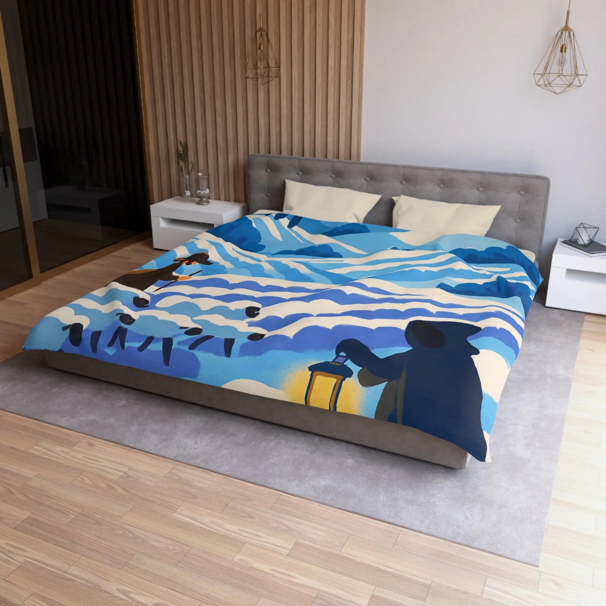 Housse de couette champêtre avec berger, moutons et moulin dans un paysage rêveur