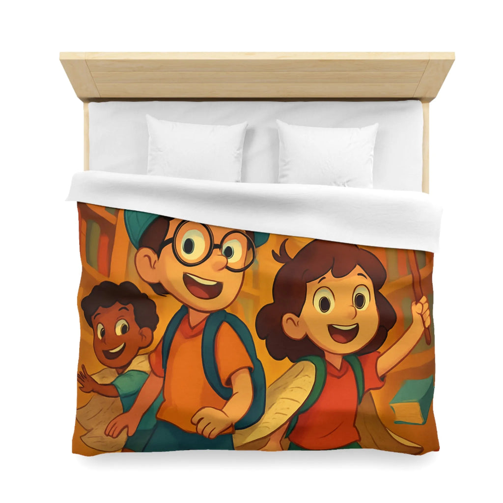 Housse de couette magique avec enfants explorant une bibliothèque enchantée et livres volants