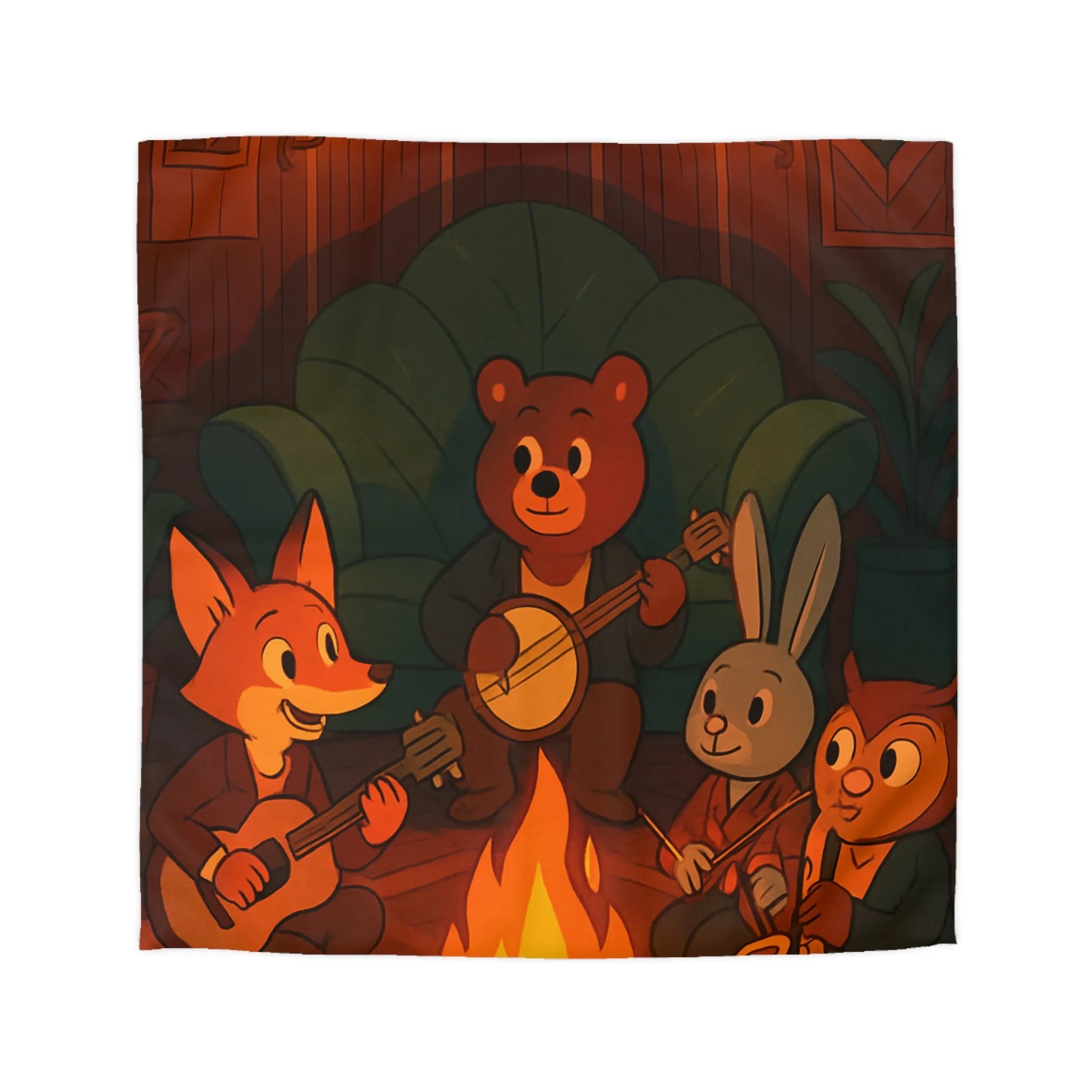 Housse de Couette Animaux Musiciens Autour Feu de Camp Ambiance Cosy pour Chambre Enfant