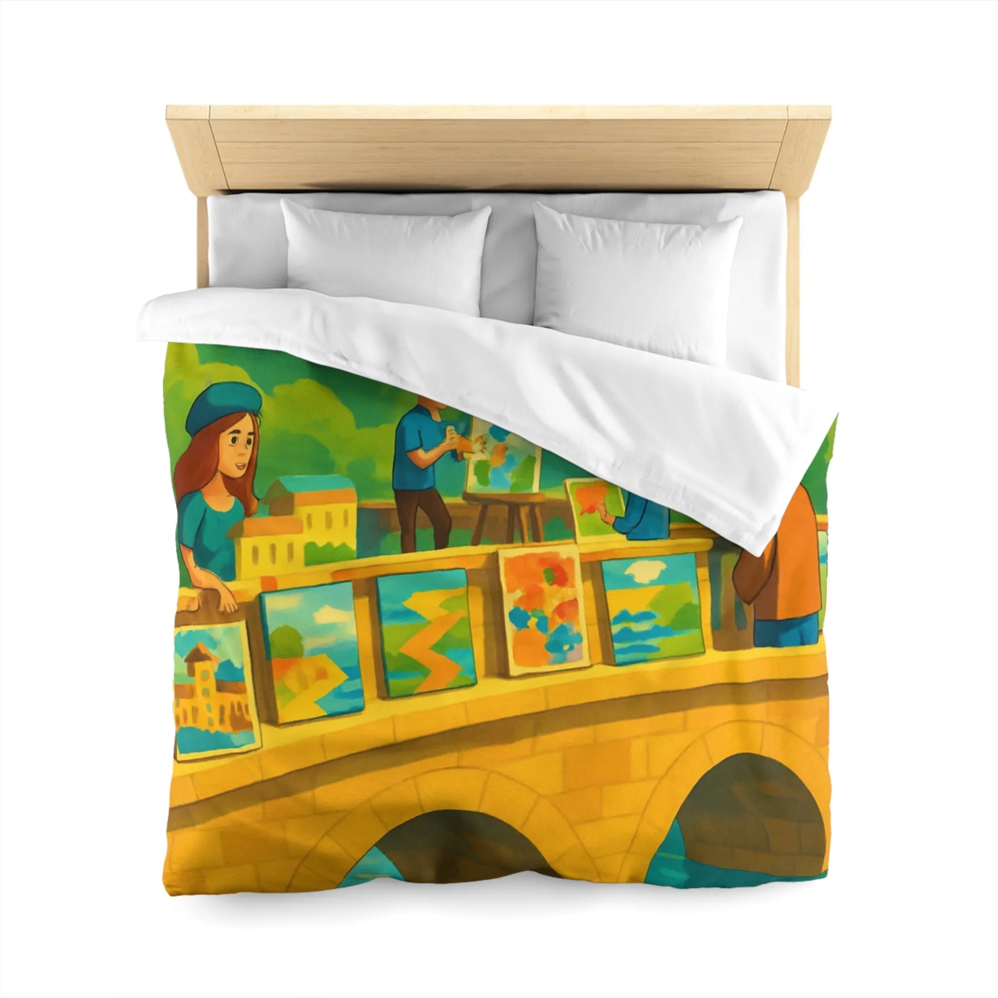 Housse de couette colorée thème pont artistique avec moulins à vent et paysage