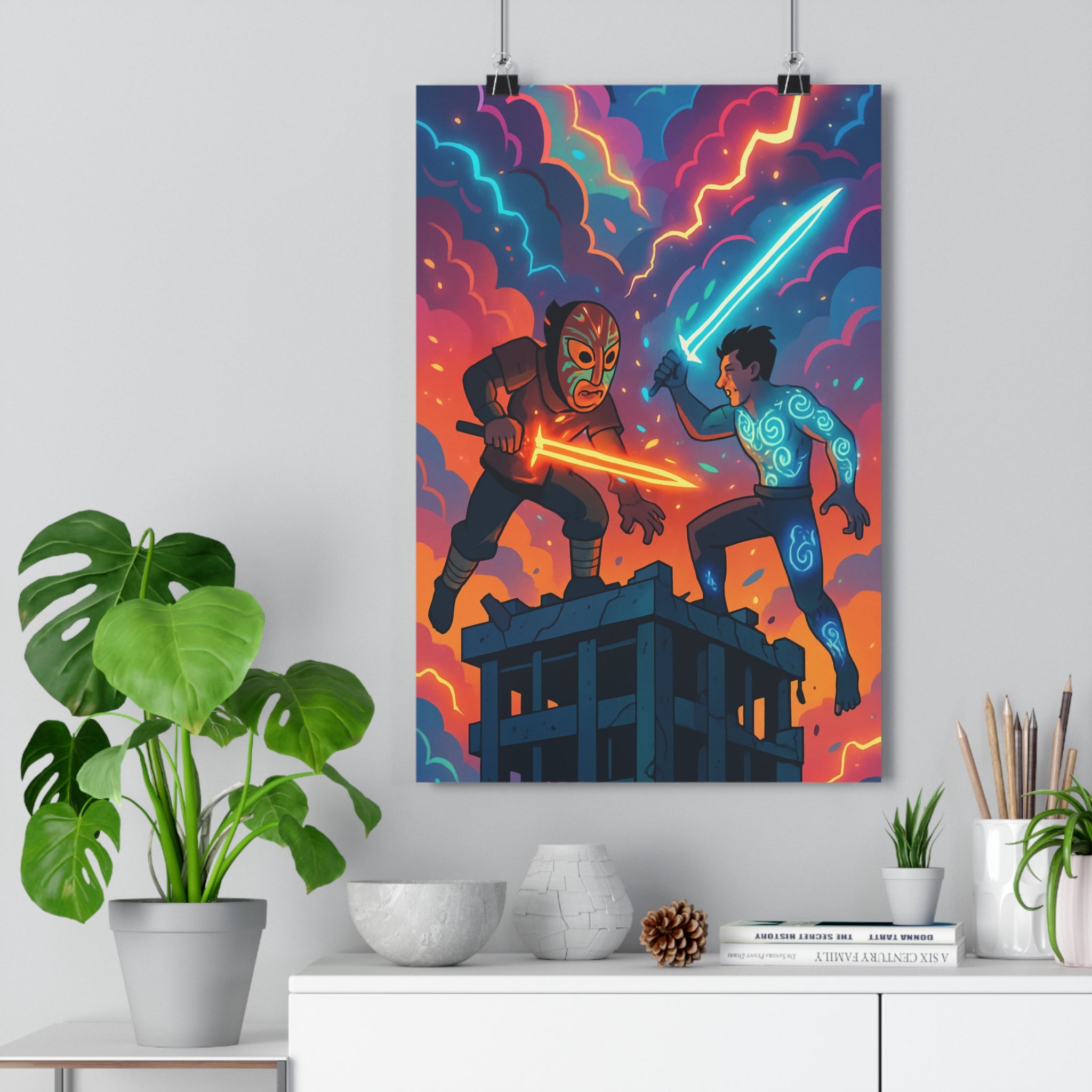 Poster décoratif lumineux épée orange bleu japonais dynamique dramatique chambre salon moderne animé intense