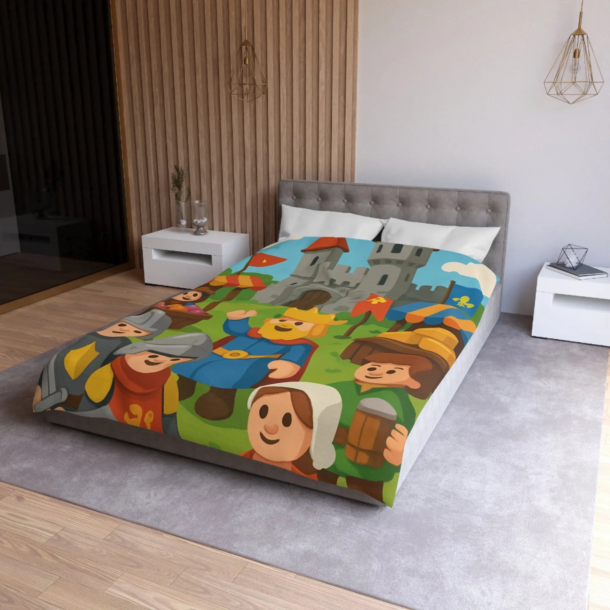 Housse de Couette Ludique Moyen Âge Château Roi et Marché Animé Coloré