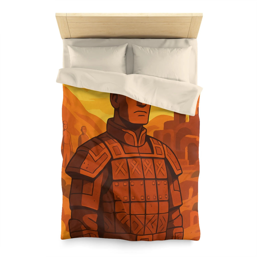 Housse de couette inspirée des guerriers antiques dans un style artistique épuré et vibrant