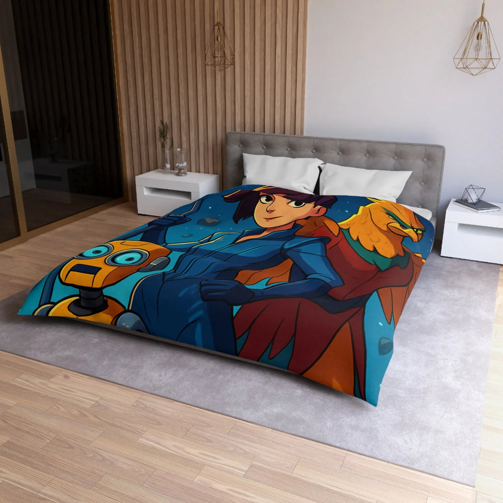 Housse de couette colorée avec exploratrice, robot et oiseau dans l'espace étoilé