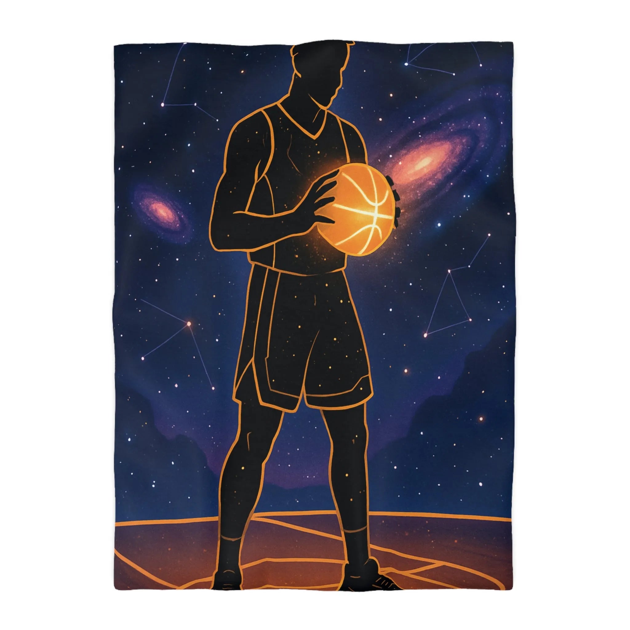 Housse De Couette Basketball Galactique Avec Joueur Silhouette Sous Ciel Étoilé Magnifique