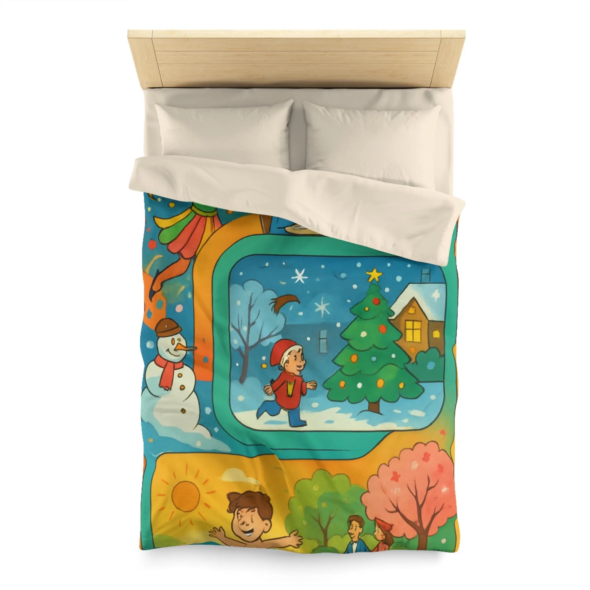 Housse de couette colorée illustrant quatre saisons et festivités pour enfants