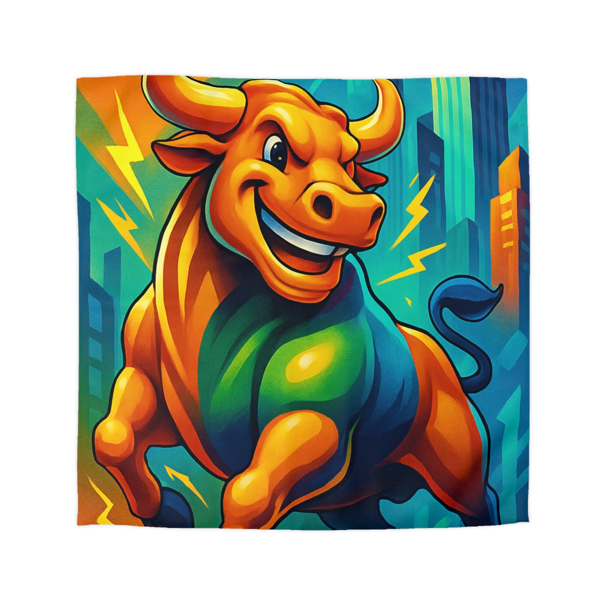 Illustration dynamique d'un taureau énergique avec gratte-ciel modernes et flèches ascendantes