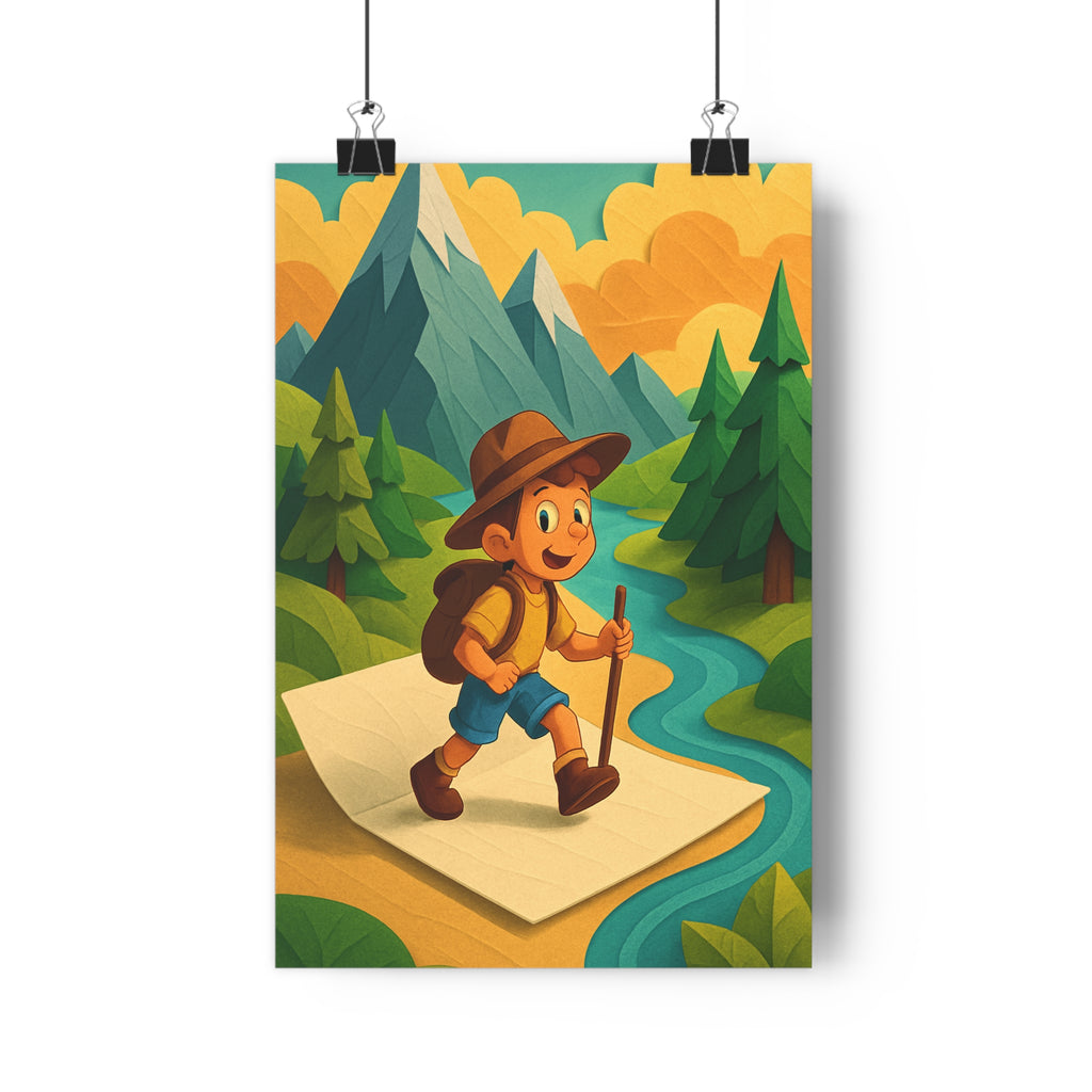 Poster décoratif aventurier dessin animé paysage montagne vert bleu orange chambre enfant chaleureux ludique