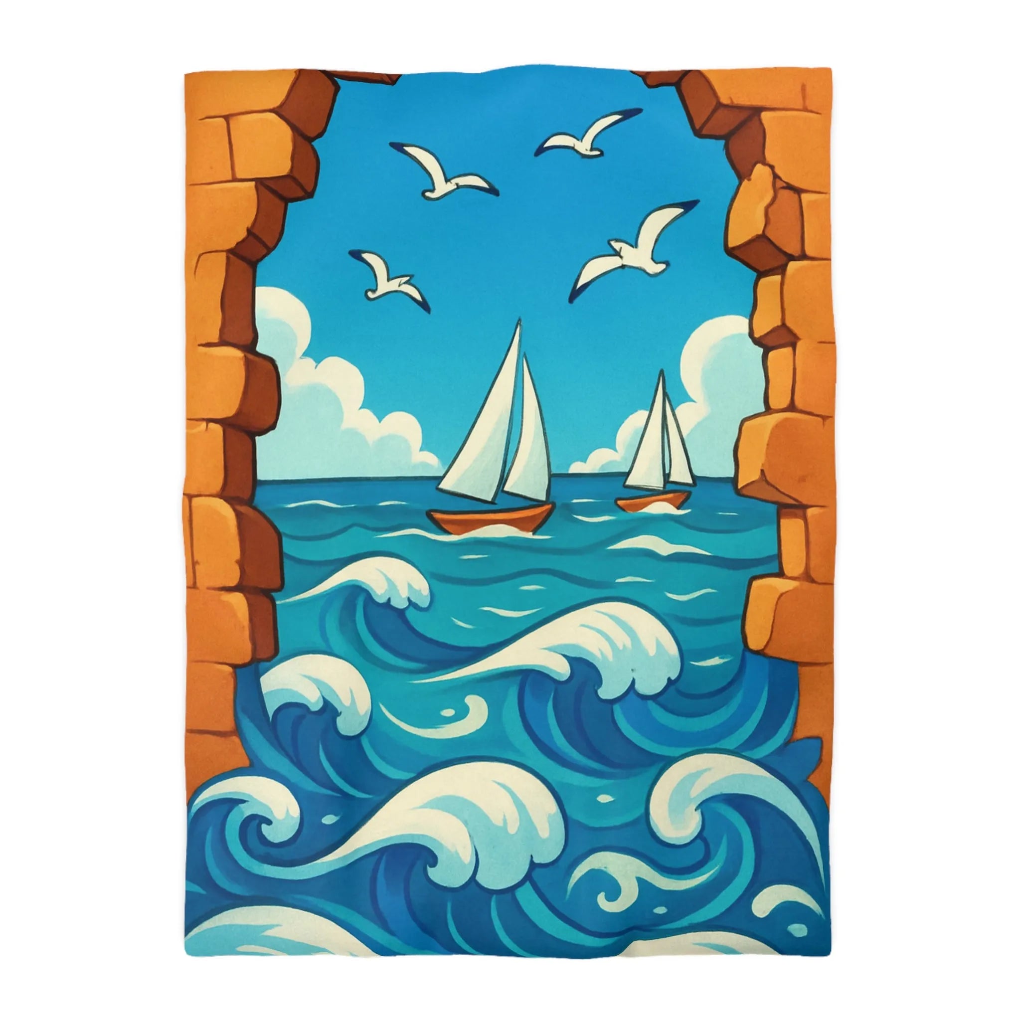 Housse de couette avec voiliers et mer, ambiance estivale bleu et orange