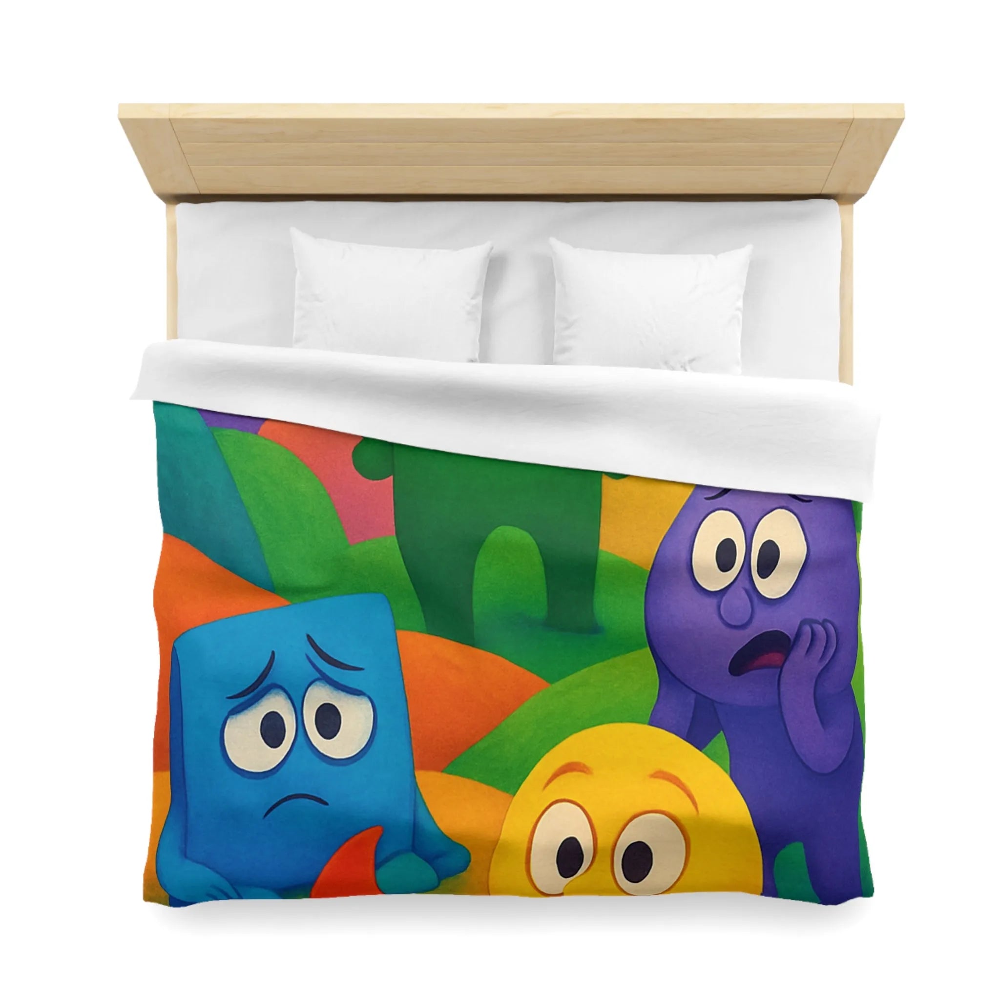 Housse de couette colorée avec personnages expressifs sur fond de collines arc-en-ciel