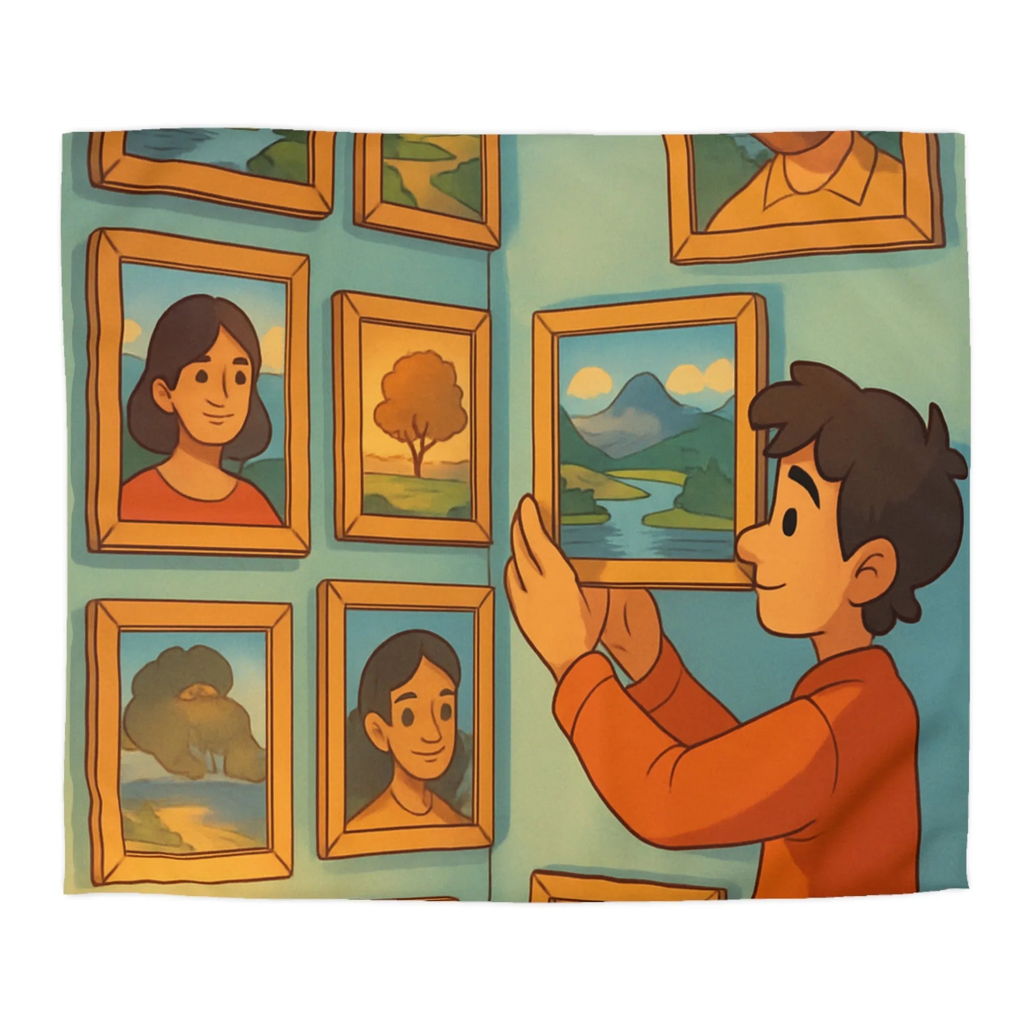 Housse de Couette Artistique avec Galerie Murale Vintage et Portraits Illustrés Colorés