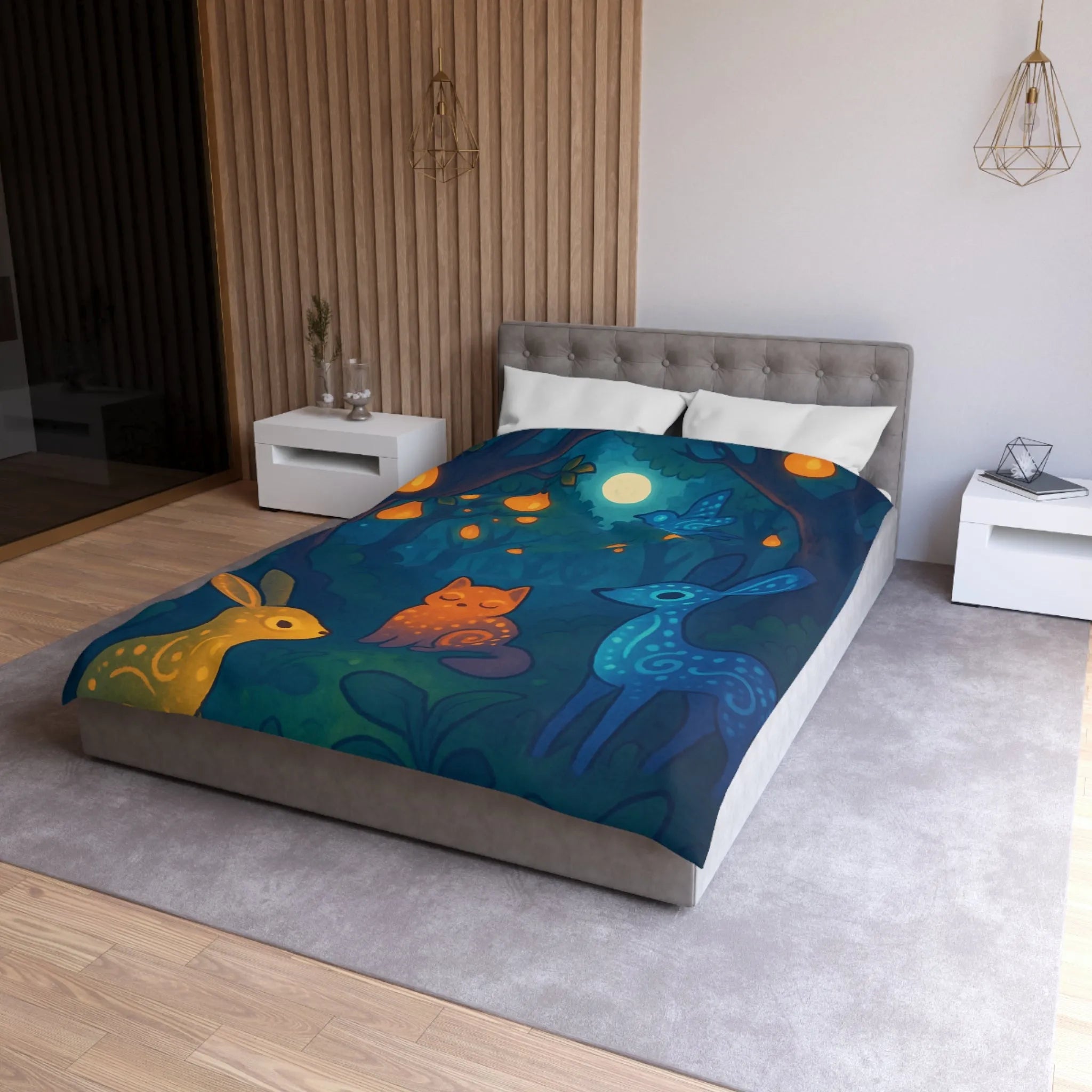 Housse de couette féerique avec animaux et forêt illuminée de lanternes magiques