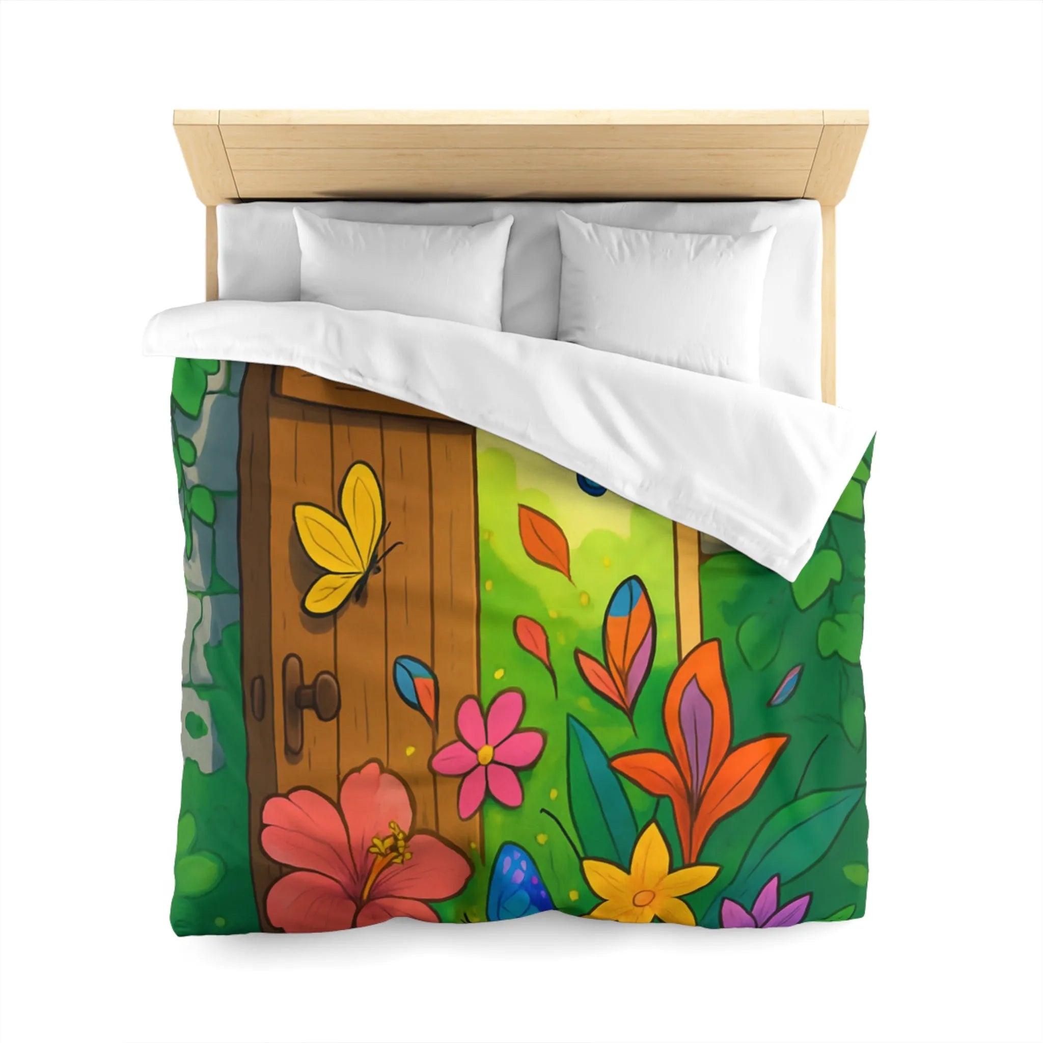 Housse de couette avec papillons colorés et fleurs devant porte de jardin enchanté