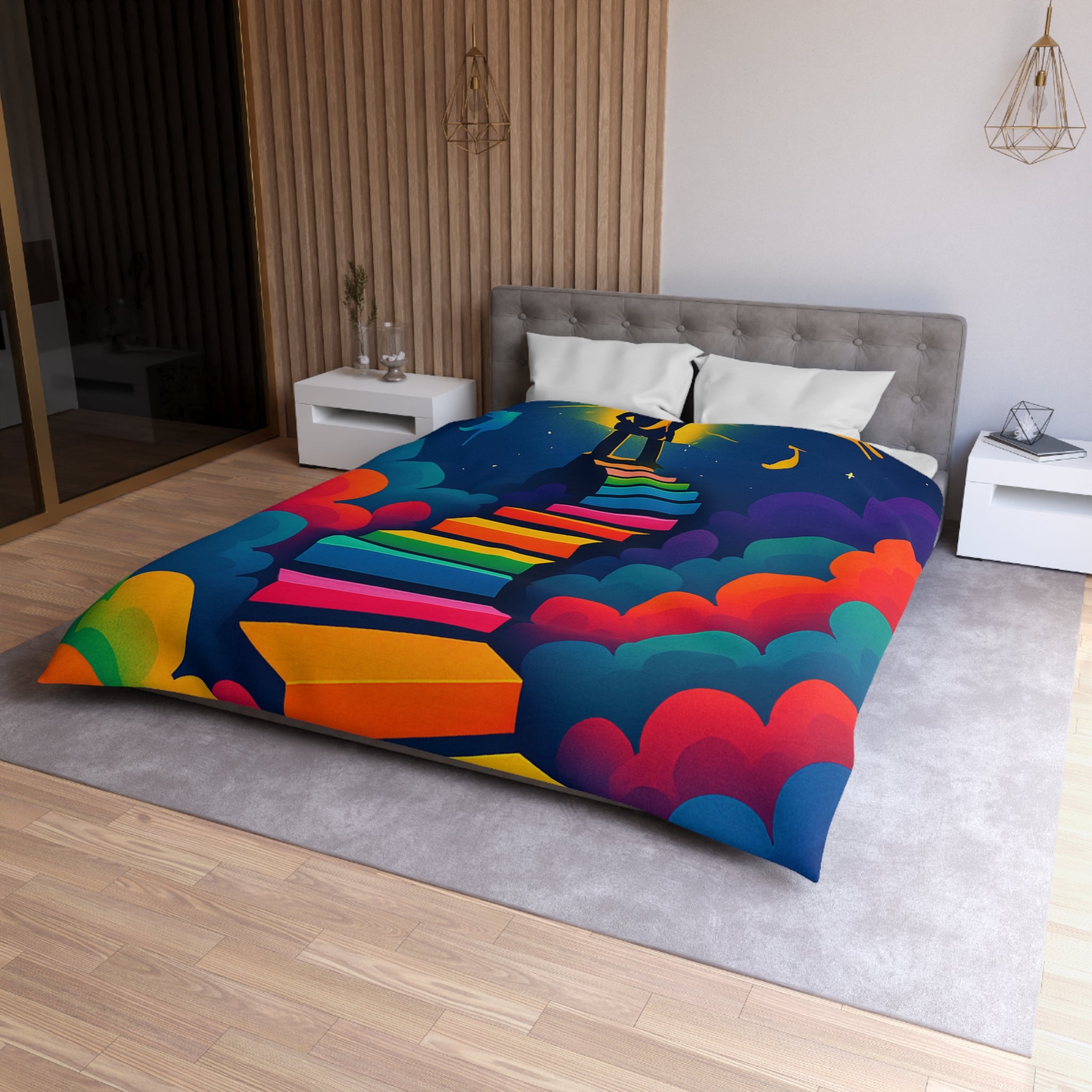 Housse de Couette Rêve d'Escalier Arc-en-Ciel avec Musicien et Oiseaux Colorés