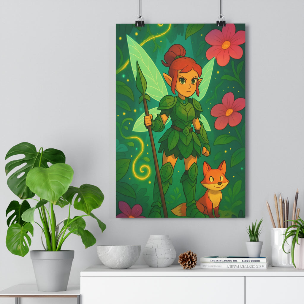 Poster décoratif fantastique elfe renard vert rose cartoon magique chambre naturel vibrant forêt écologique
