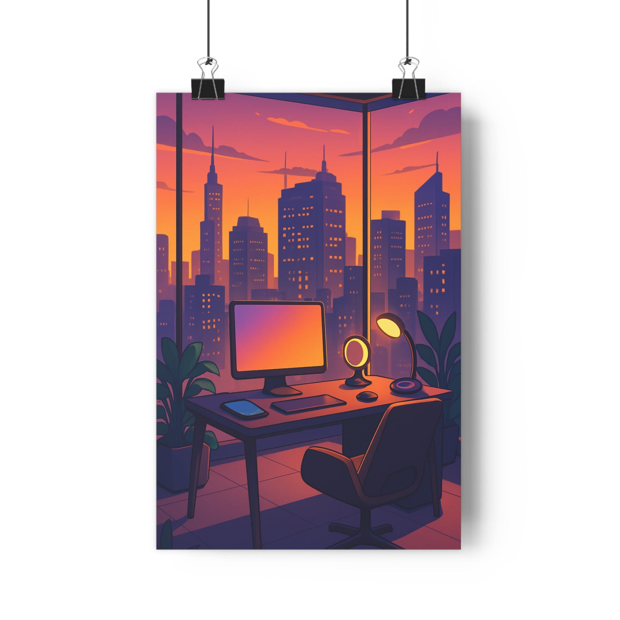 Poster décoratif moderne style anime violet orange bureau urbain futuriste ambiance apaisante intérieur élégant