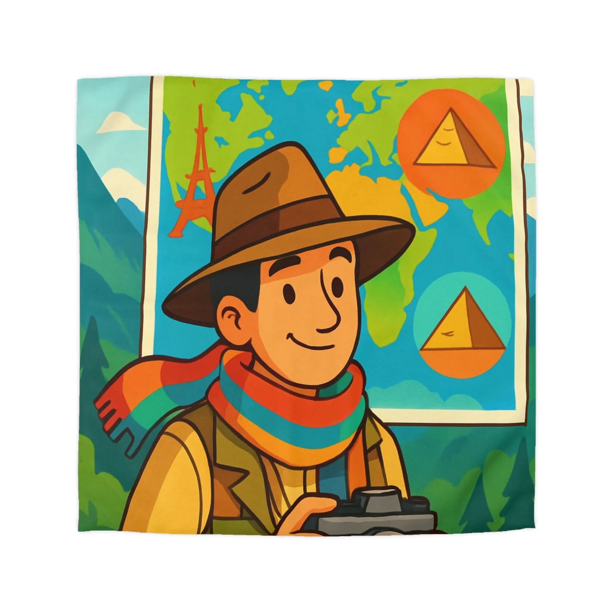 Housse de Couette Aventure Monde Carte Explorateur avec Illustrations Colorées et Éléments Culturels