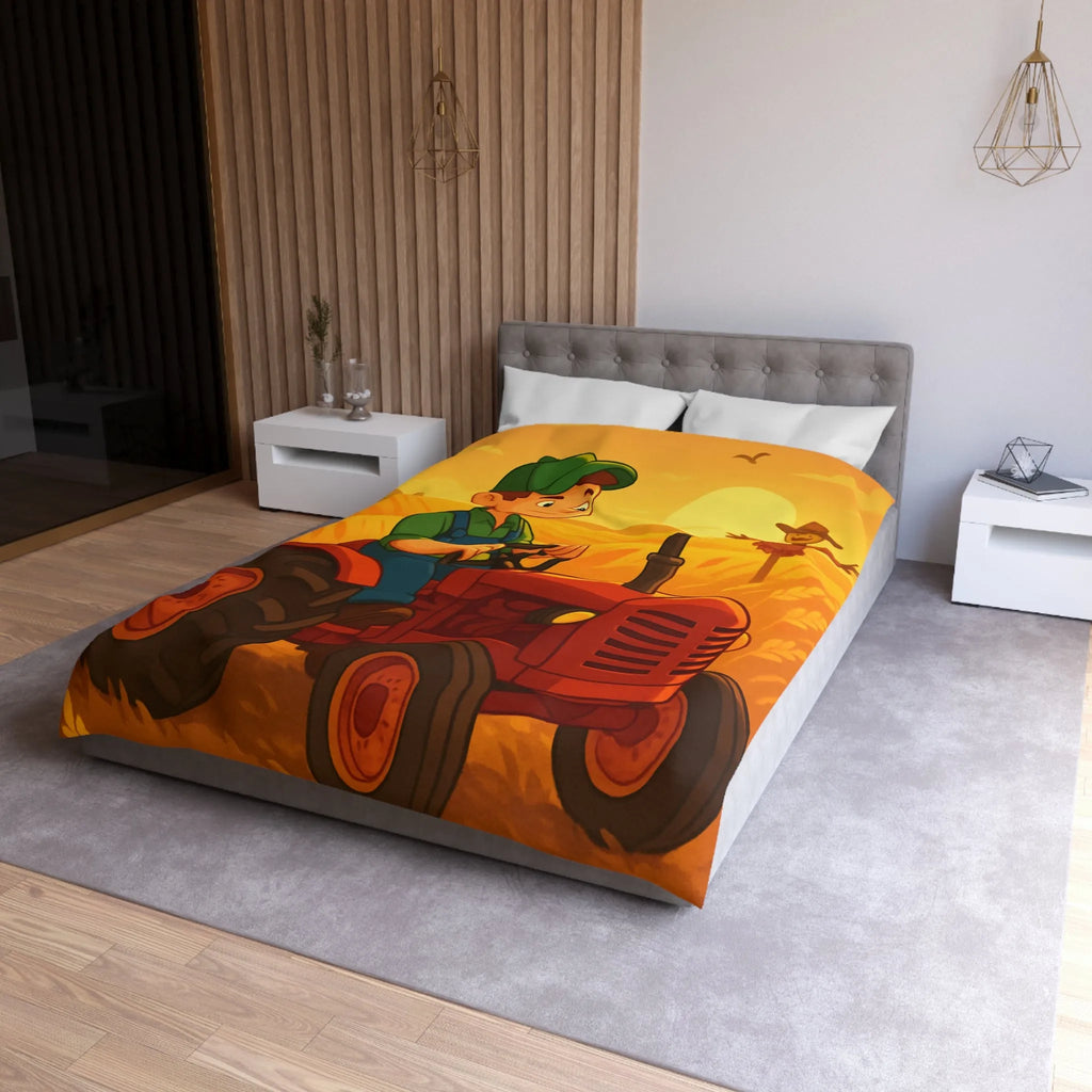 Housse de couette avec motif champêtre : tracteur, épouvantail et champ sous soleil couchant