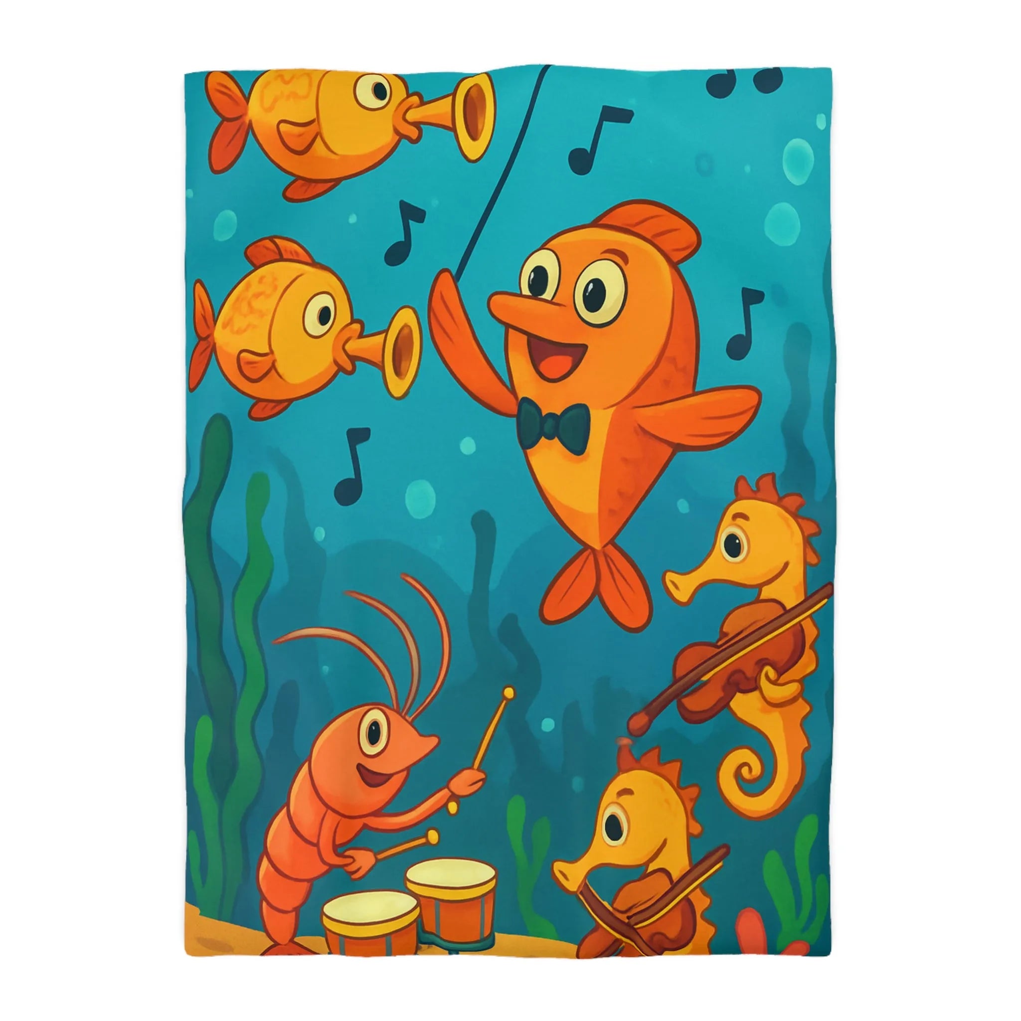 Housse de couette ludique pour enfants avec orchestre sous-marin de poissons et hippocampes