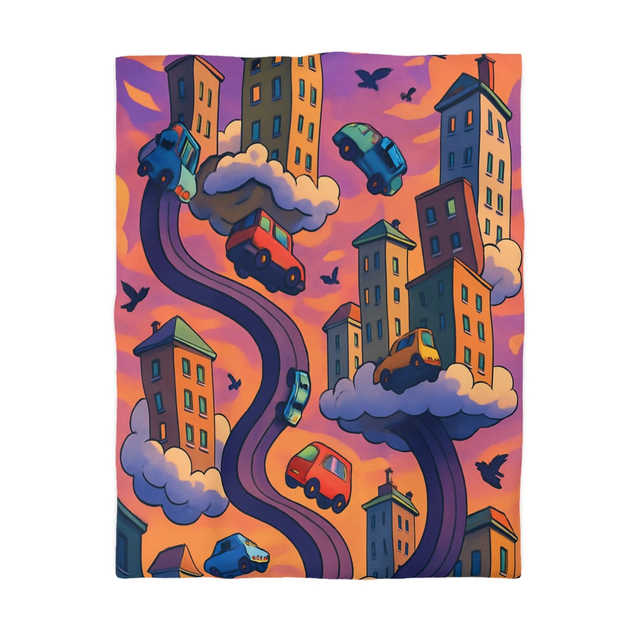 Housse de couette artistique avec voitures volantes et gratte-ciels à l'aube colorée