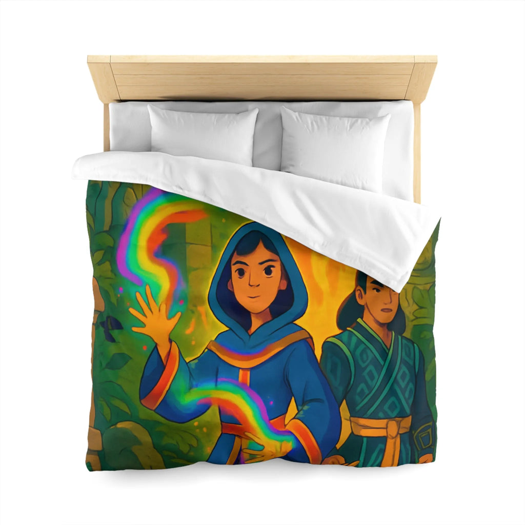 Housse de couette magique colorée : aventure mystique avec personnages énigmatiques et feu flamboyant