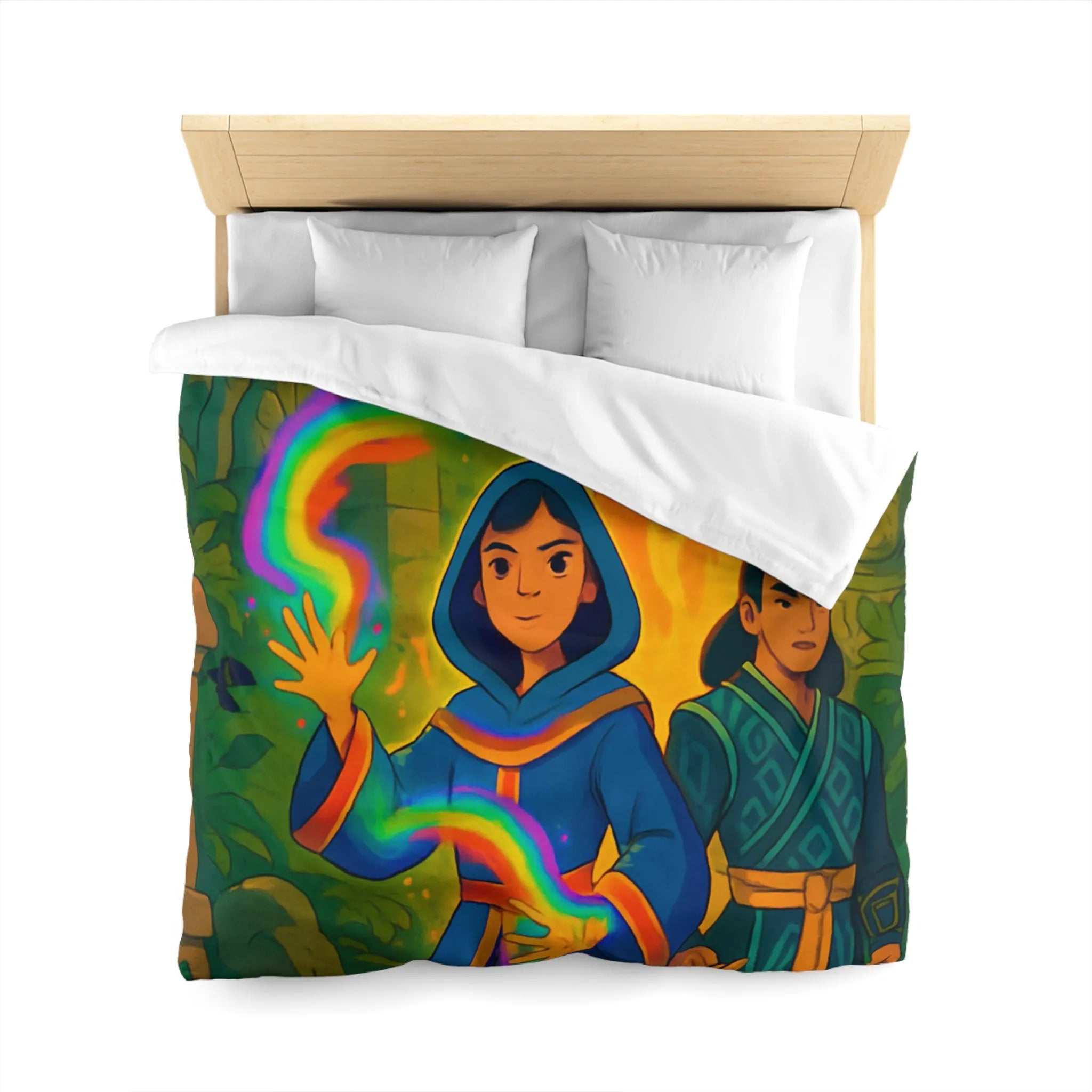 Housse de couette magique colorée : aventure mystique avec personnages énigmatiques et feu flamboyant