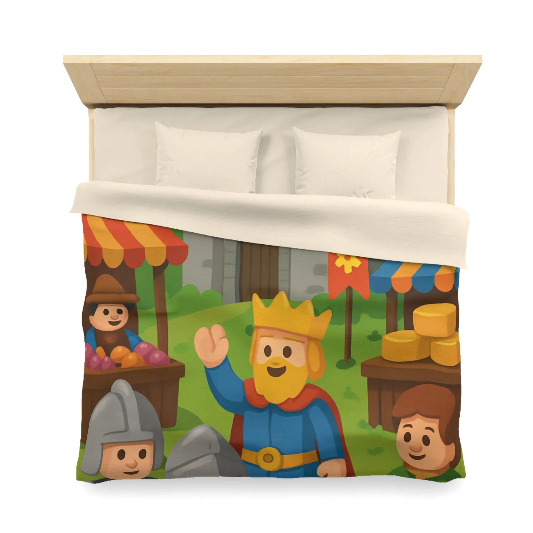 Housse de Couette Ludique Moyen Âge Château Roi et Marché Animé Coloré