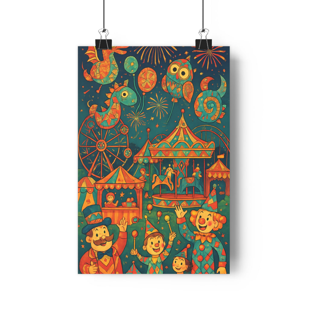 Poster décoratif coloré joyeux fête foraine enfant chambre bleu rouge vintage amusant ambiance festive