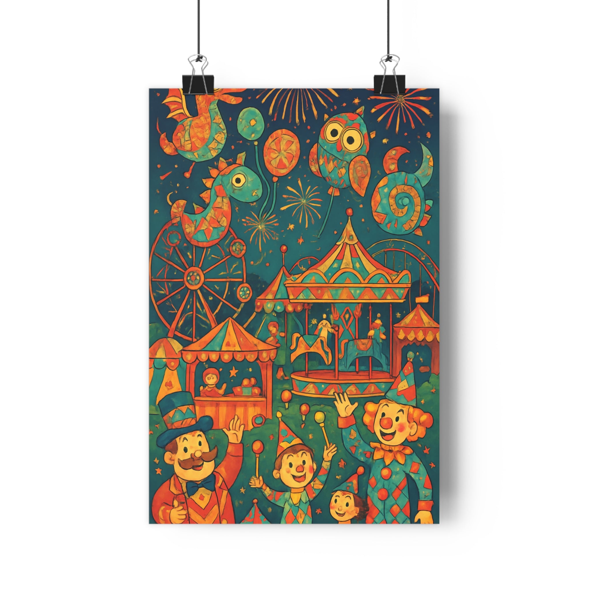 Poster décoratif coloré joyeux fête foraine enfant chambre bleu rouge vintage amusant ambiance festive