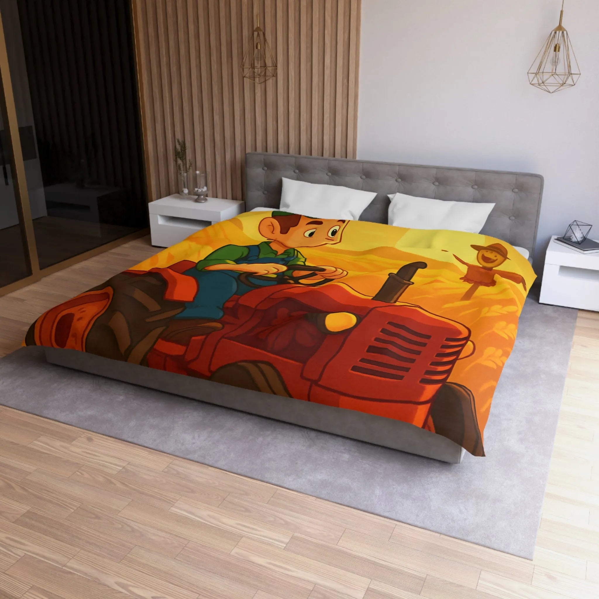 Housse de couette avec motif champêtre : tracteur, épouvantail et champ sous soleil couchant