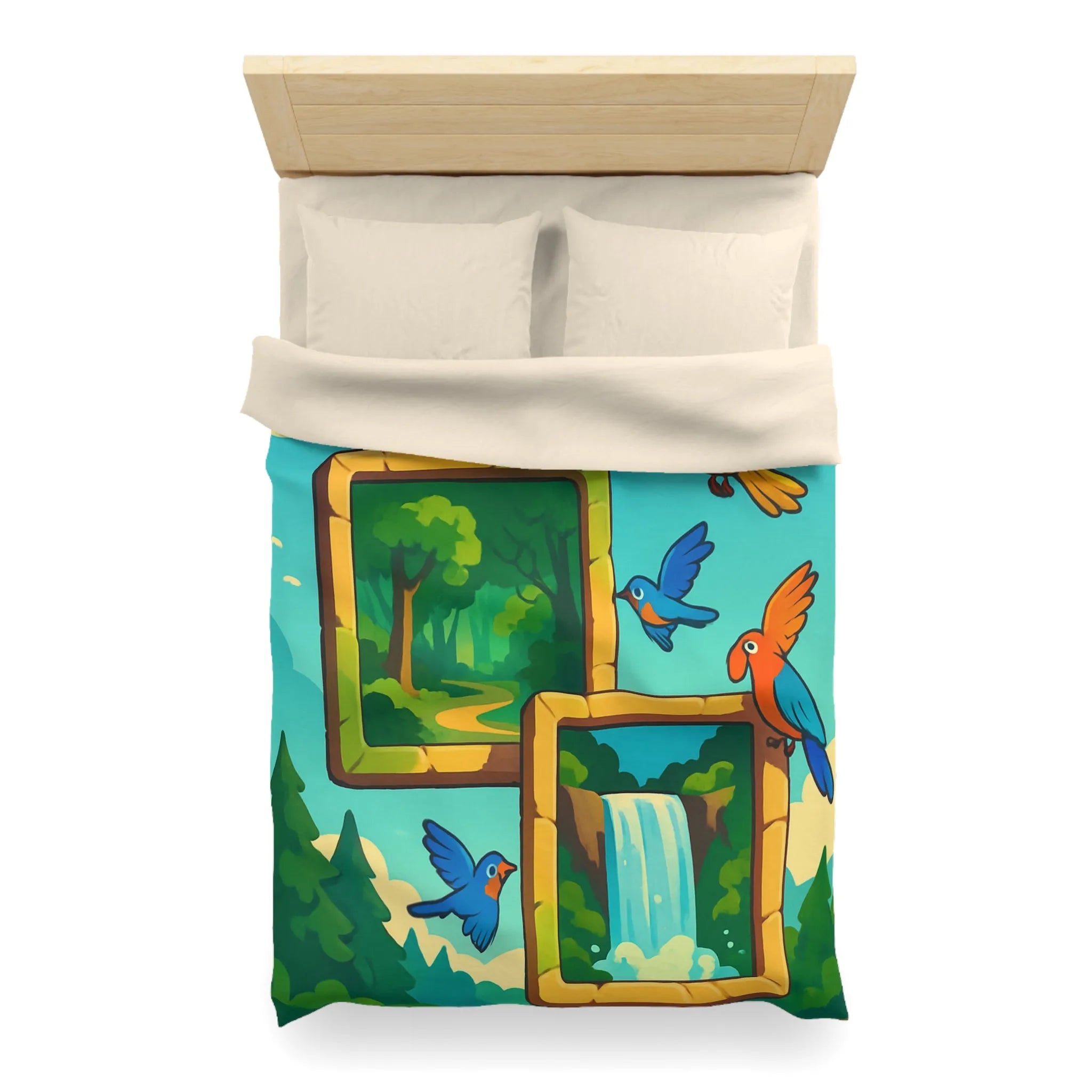 Housse de couette colorée avec oiseaux et scènes de nature paisible et dynamique