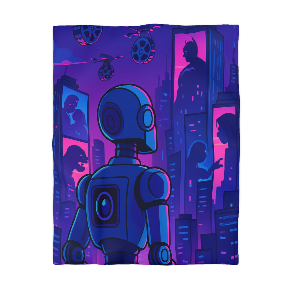 Séduisante housse de couette futuriste robot bleu néons drones anime horizon nuit