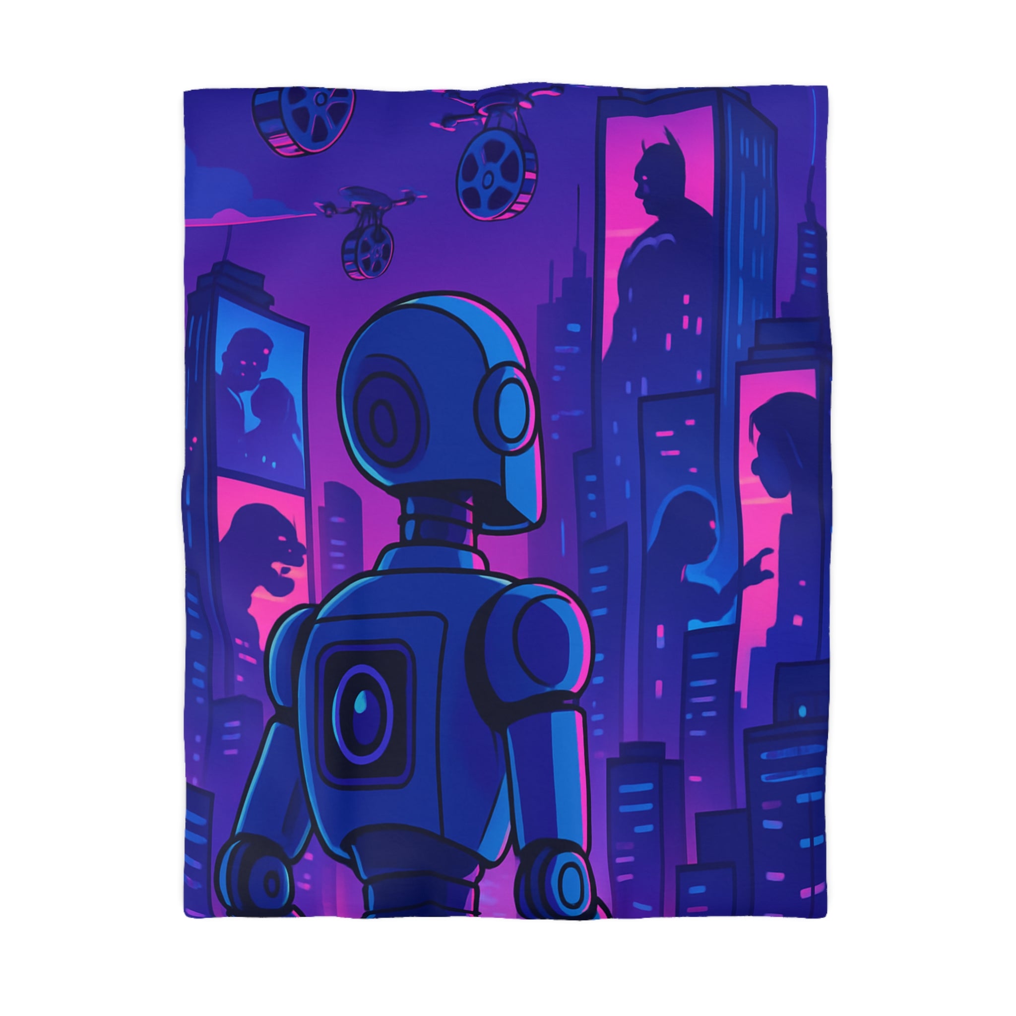 Séduisante housse de couette futuriste robot bleu néons drones anime horizon nuit