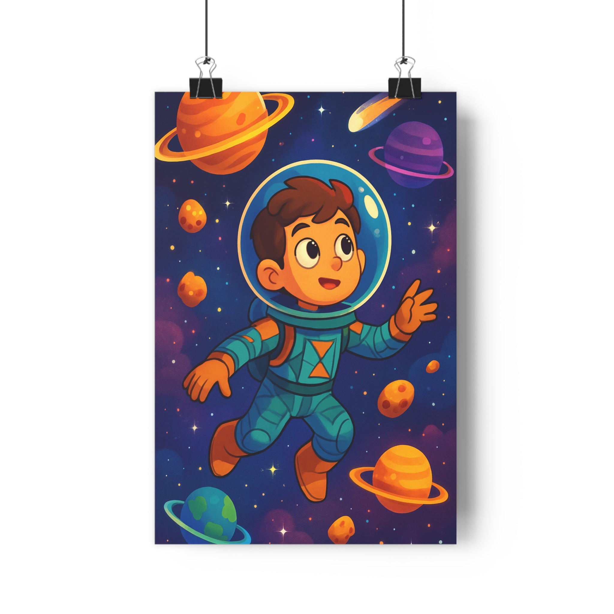 Poster décoratif espace enfant astronaute cartoon coloré joyeux aventure chambre planète violet orange comète