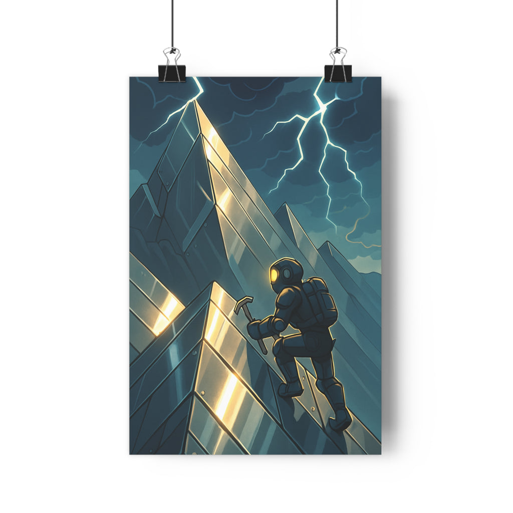 Poster décoratif aventure épique exploration dessin animé montagne métallique ciel orageux bleu gris bureau