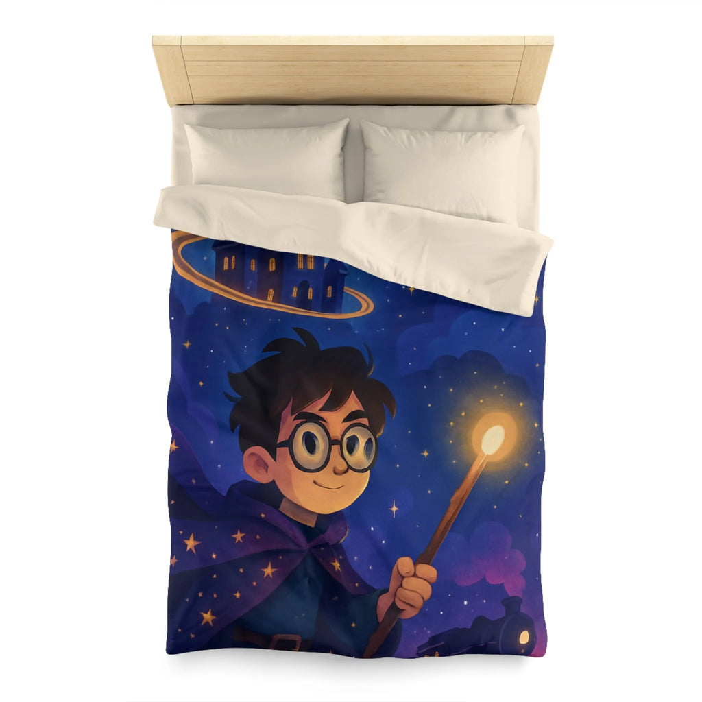 Housse de couette magique bleu nuit avec château, hibou et train enchanté