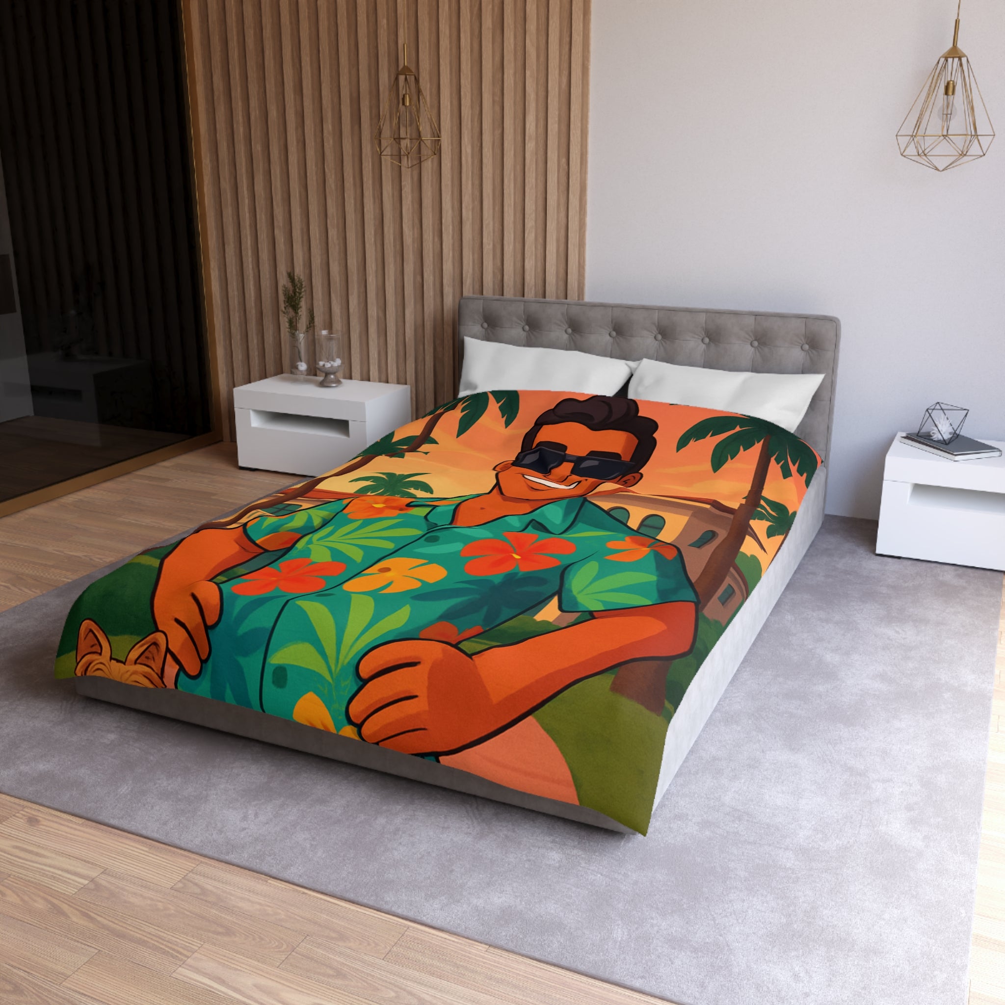 Housse de couette tropicale avec personnage souriant en chemise hawaïenne et palmiers