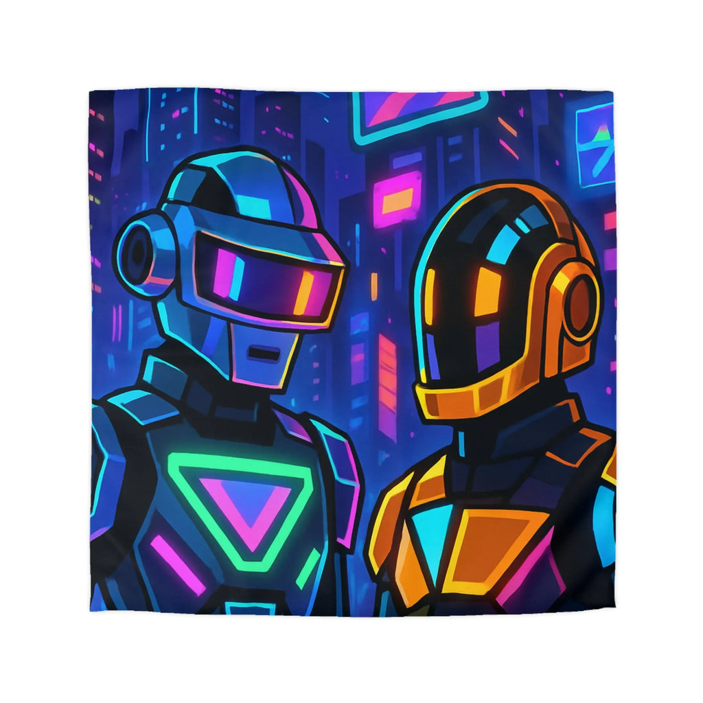 Housse de couette cyber thématique avec robots néons dans une ville futuriste colorée