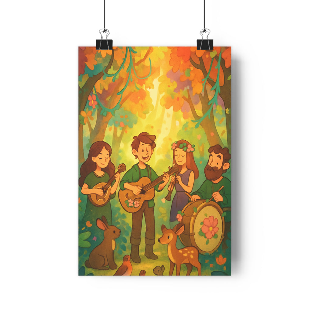 Poster décoratif cartoon forêt verte orange jaune féérique chambre enfant joyeux nature original musique