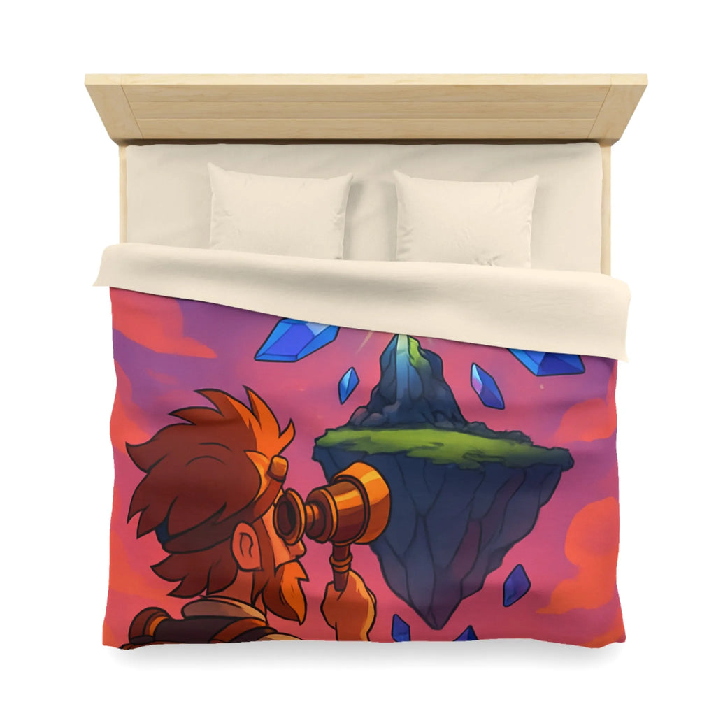 Housse de couette aventure fantastique avec cristaux flottants et scientifique explorateur