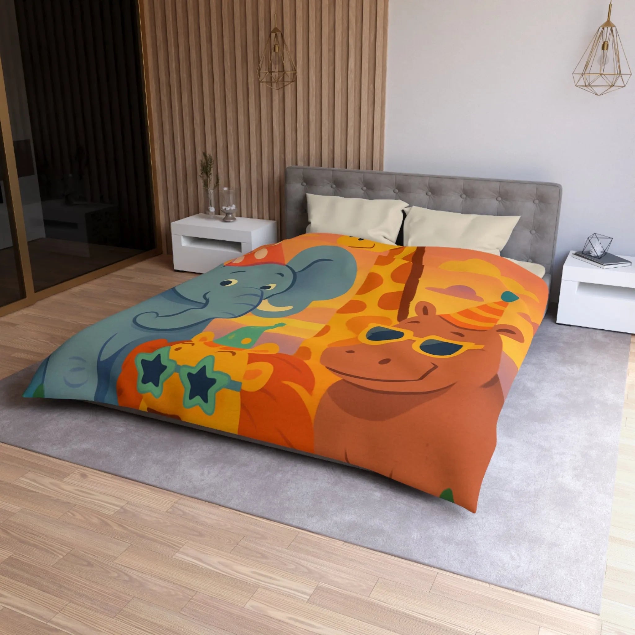 Housse de couette enfantine avec animaux de safari festifs et chapeaux colorés en fête